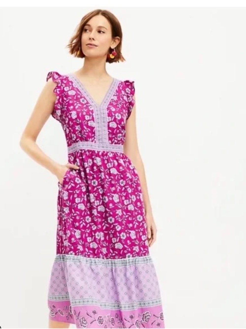 NWOT Loft Pink Floral Border Ruffle
Pocket Dress Sz 0 petite